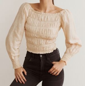 Y.A.S. Stretch Crinkled Off-Shoulder Cropped Blouse Top Whisper Pink Medium